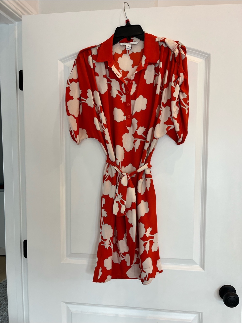 Diane Von Furstenberg Red Midi Wrap Dress with White Floral Print